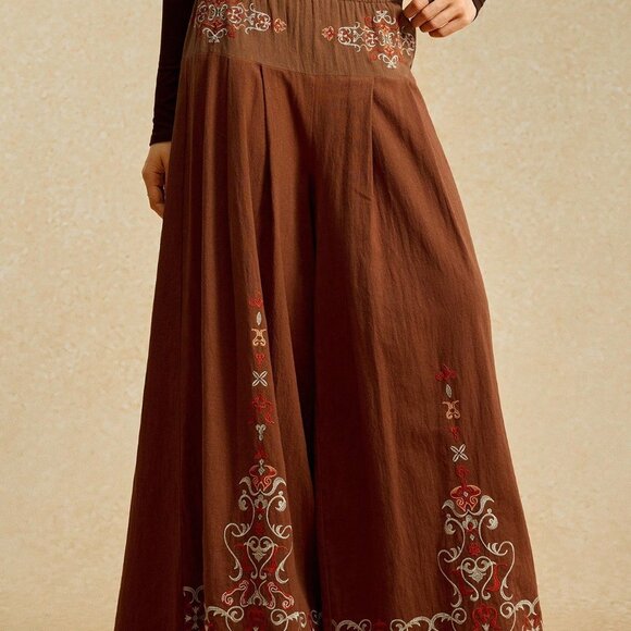 Coffee Brown Women's Patchwork Embroidered Wide Leg Pants - Picture 3 of 10